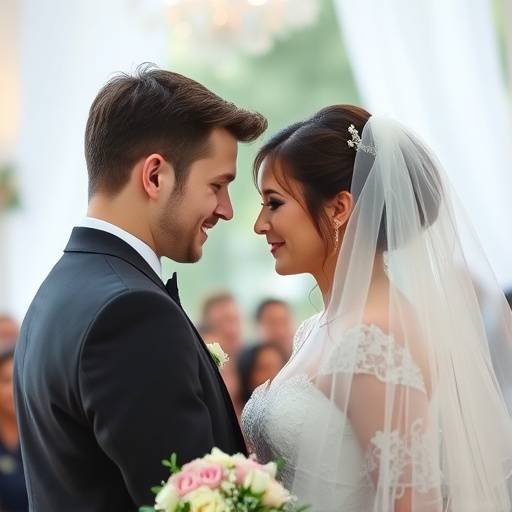 Een bruidspaar dat elkaar liefdevol aankijkt tijdens de ceremonie, met zachte bokeh op de achtergrond.