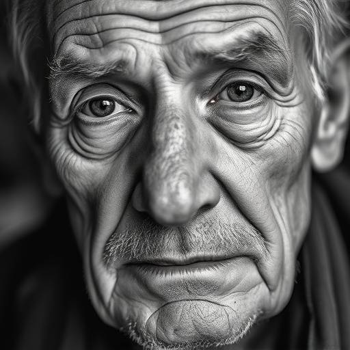 Een dramatisch zwart-wit portret van een oudere man met intense ogen en rimpels die verhalen vertellen.