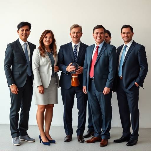 Een formeel portret van een groep zakenmensen tijdens een conferentie, met neutrale achtergrond.