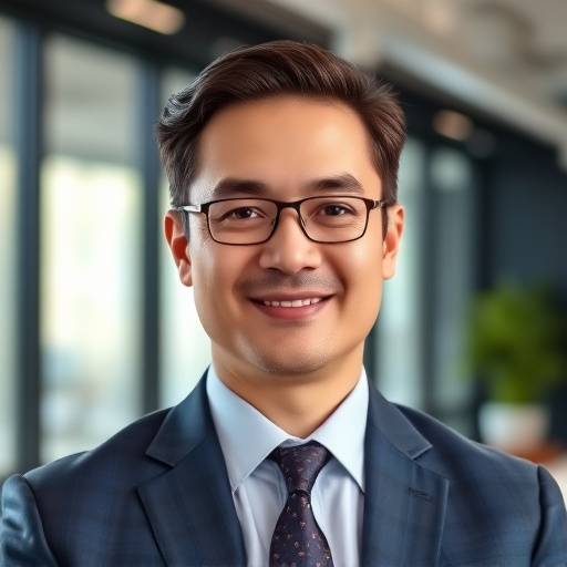 Een professionele headshot van een CEO met een zelfverzekerde uitstraling, gefotografeerd in een moderne kantooromgeving.