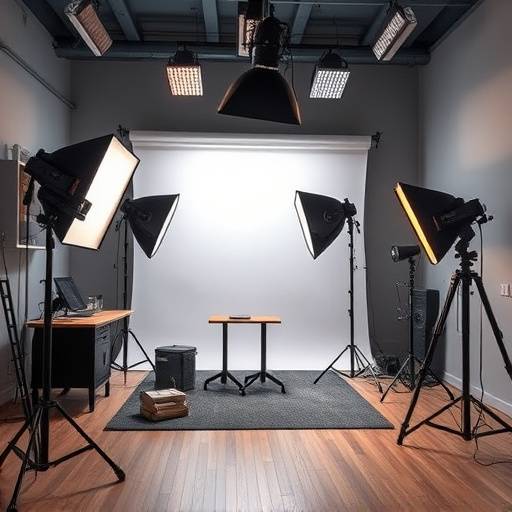 Een sfeervolle foto van de interieur van Studio Lumina met professionele fotografische apparatuur op de achtergrond
