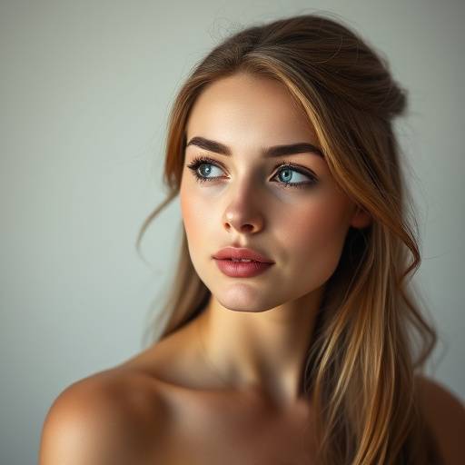Een stijlvol studio portret van een jonge vrouw met zachte belichting en een ingetogen blik.