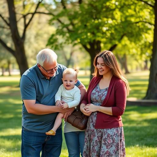 Familiefoto in een park met zacht, natuurlijk licht, waarbij de interactie tussen ouders en kinderen centraal staat.