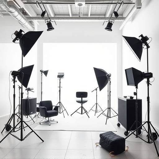 Interieur van een moderne en lichte fotostudio met professionele apparatuur en een comfortabele wachtruimte.