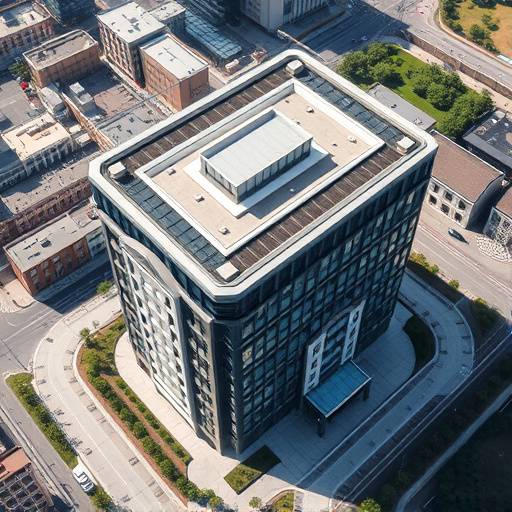 Luchtfoto van een modern gebouw met een strakke architectuur