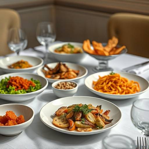 Stilleven van culinaire gerechten op een mooi gedekte tafel